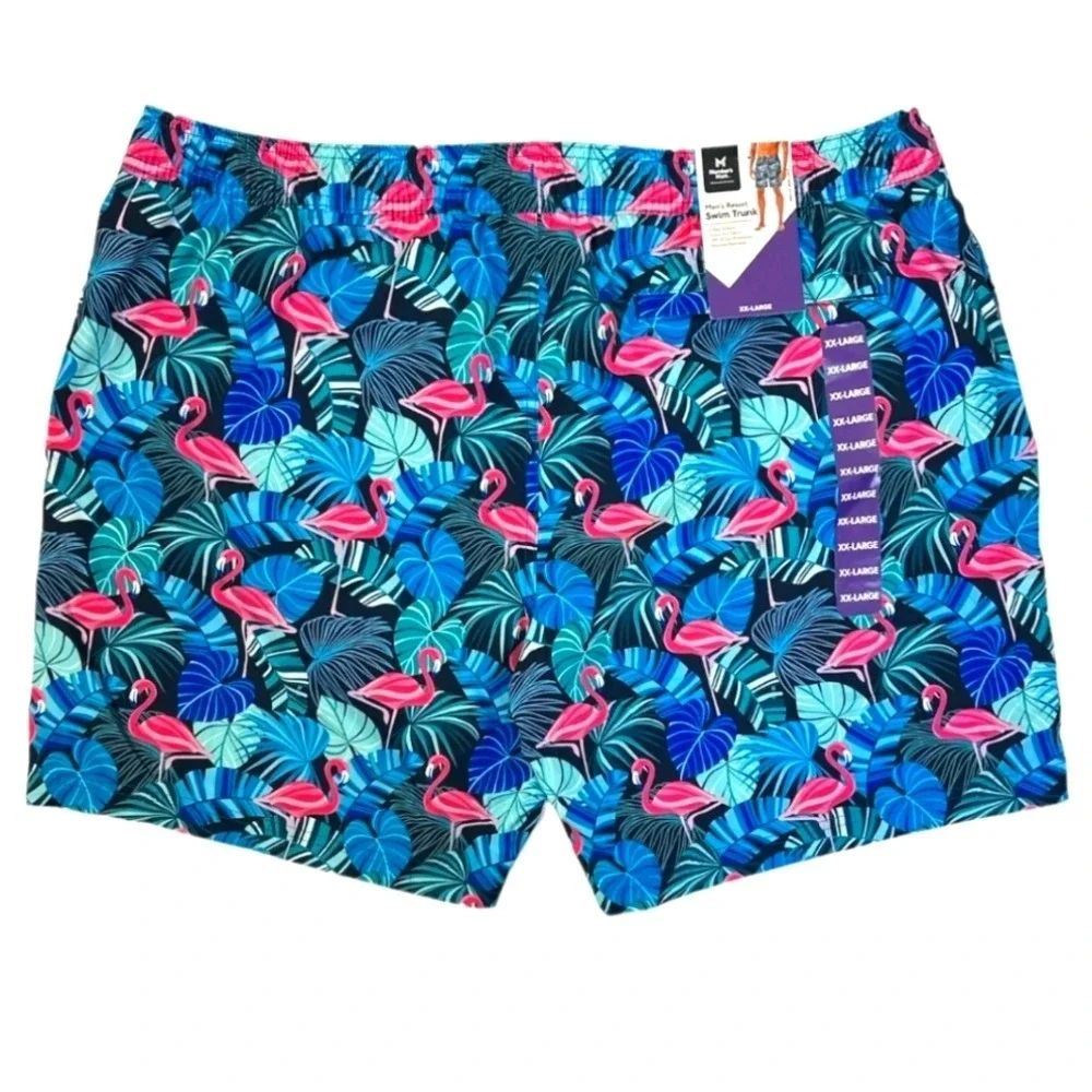 Men's Swim Trunks XX-Large Flamingo‎ Print Blue Tropical Leave Lining UPF 50 NWT